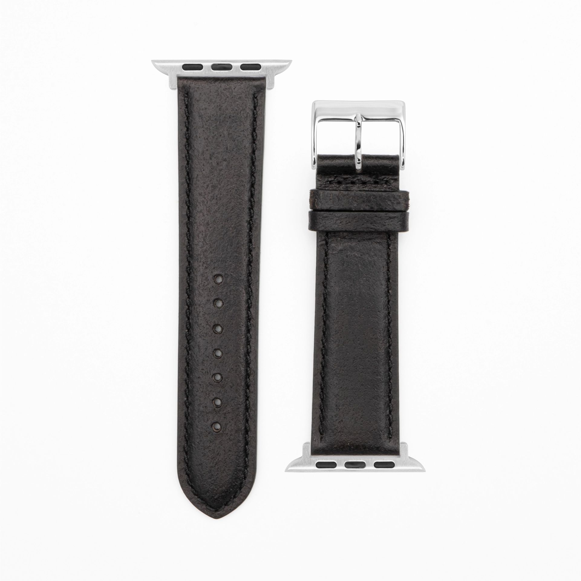 Cavaro - Classic - Zwart lederen band-Apple Watch-38/40/41mm-roestvrij staal zilveren armband
