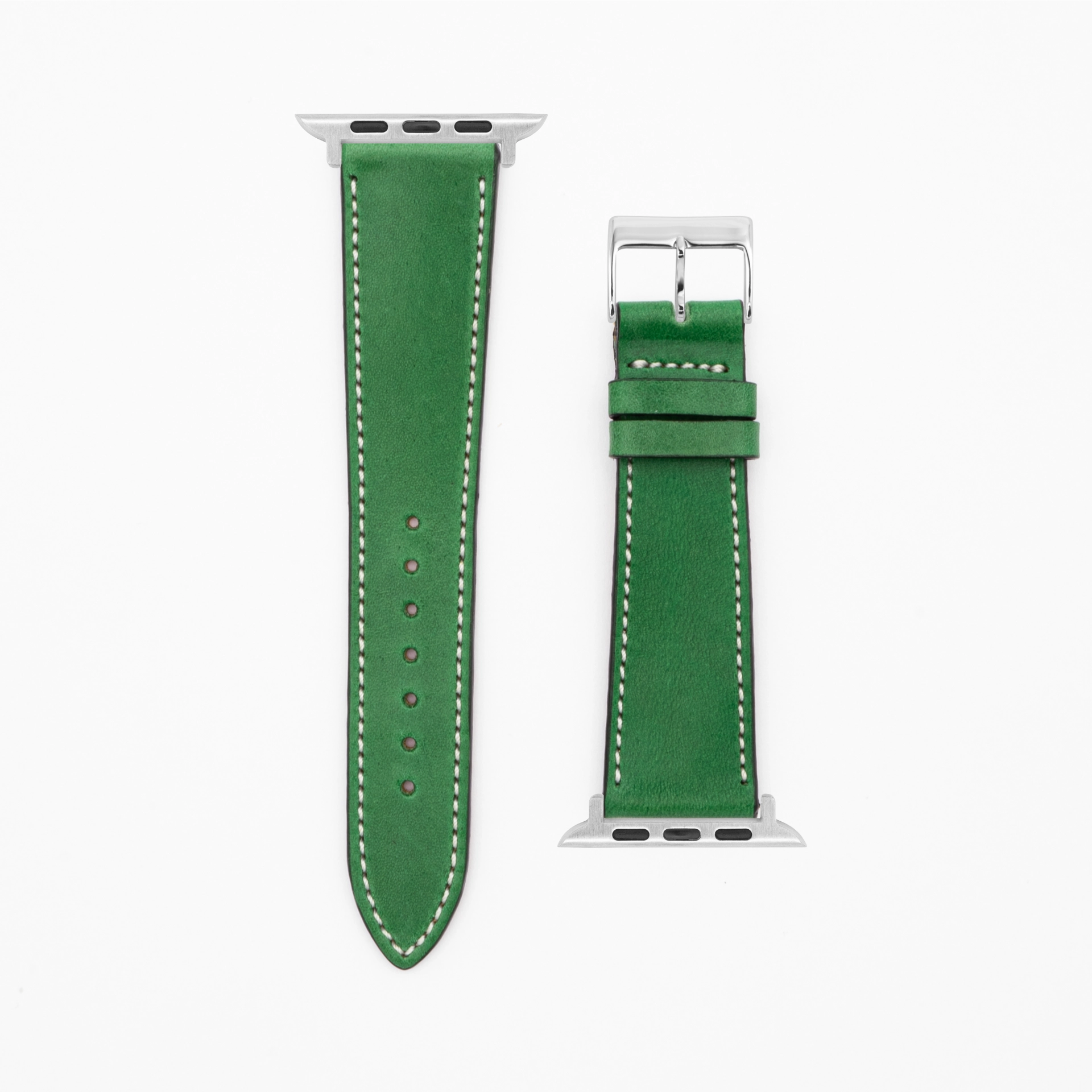 Levendig - Vintage - Groen lederen band-Apple Watch-38/40/41mm-roestvrij staal zilveren armband
