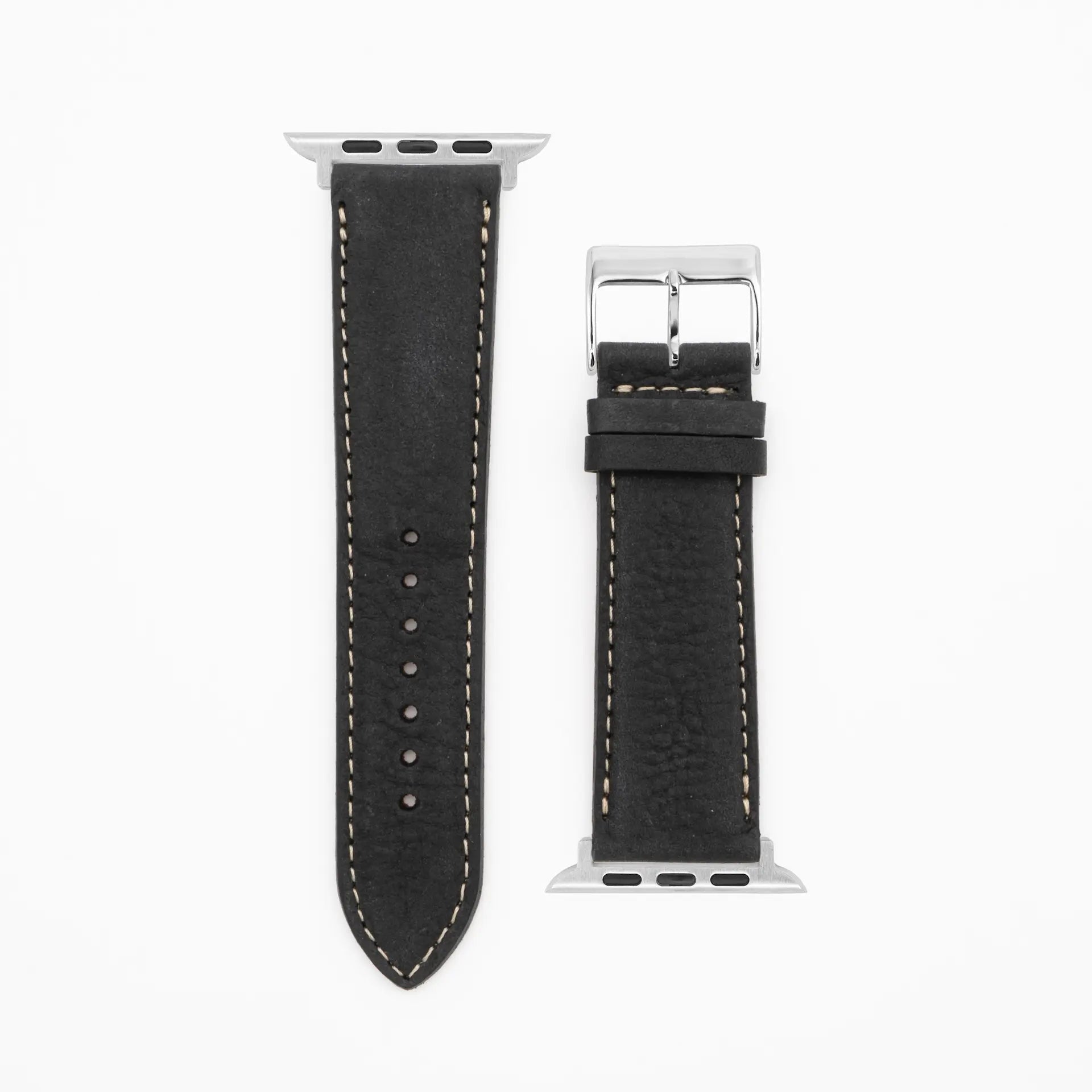 Soft Chrono - Vintage - Bracelet en cuir noir-Apple Watch-38/40/41mm-acier inoxydable-argent-bracelet précieux