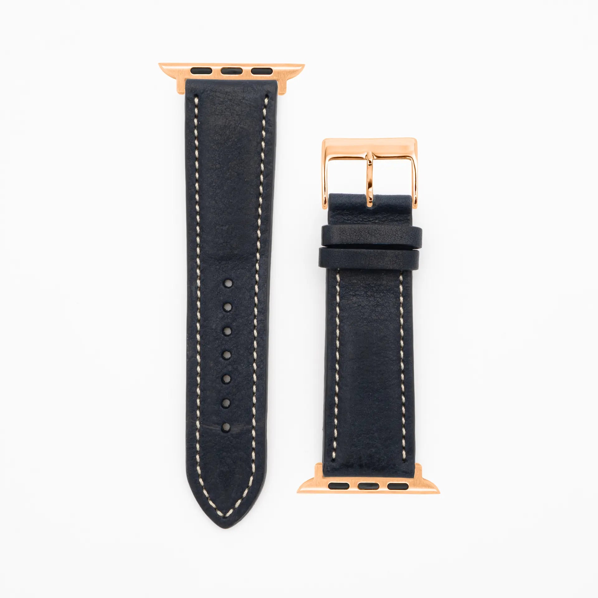 Soft Chrono - Vintage - Bracelet en cuir bleu foncé-Apple Watch-38/40/41mm-acier inoxydable rosé-bracelet précieux