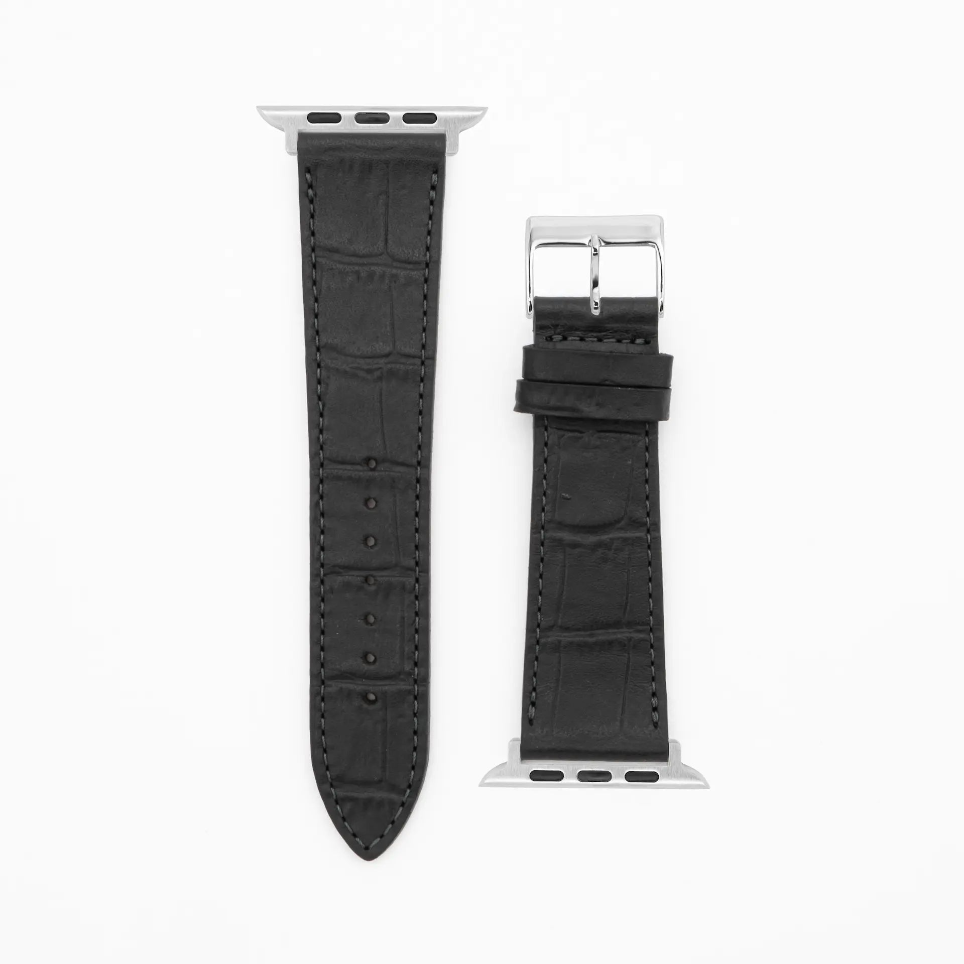 Croco Grain - Classic - Zwart lederen band-Apple Watch-38/40/41mm-roestvrij staal zilveren armband