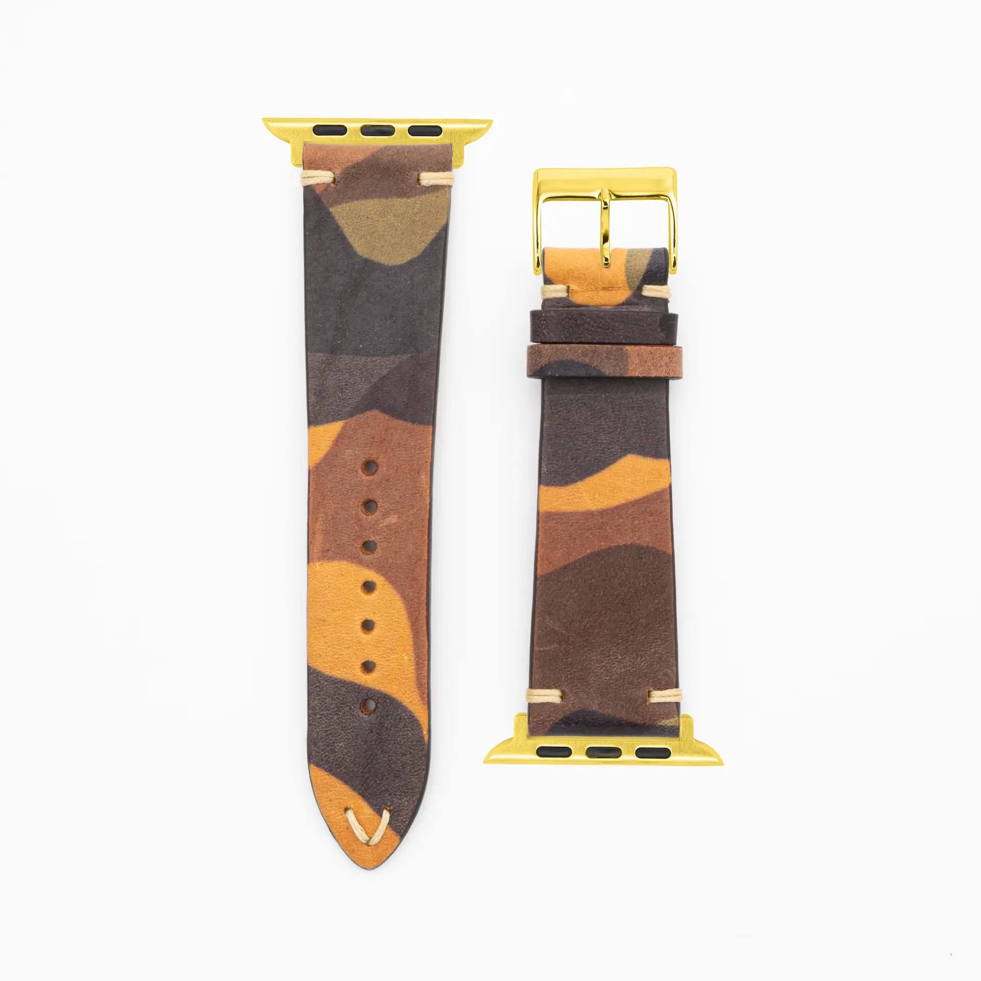 Camouflage - Classic - Bracelet en cuir brun-Apple Watch-38/40/41mm-acier inoxydable or-bracelet précieux