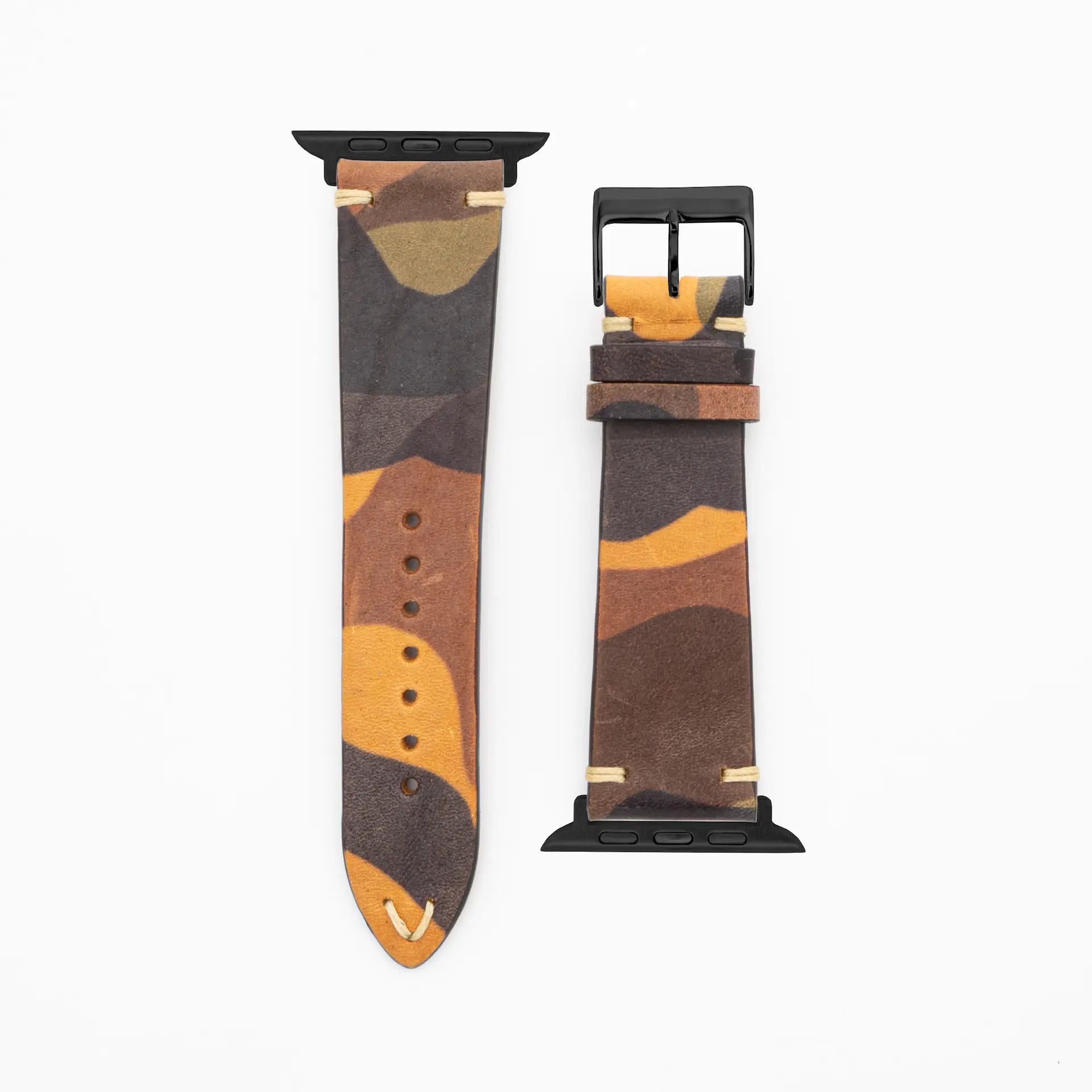 Camouflage - Klassiek - Bruin lederen band-Apple Watch-38/40/41mm-roestvrij staal zwart-strap