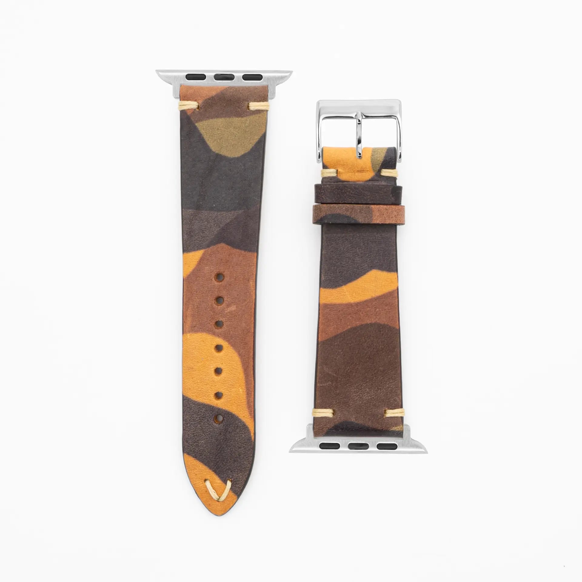 Camouflage - Klassiek - Bruin lederen band-Apple Watch-38/40/41mm-roestvrij staal zilveren armband