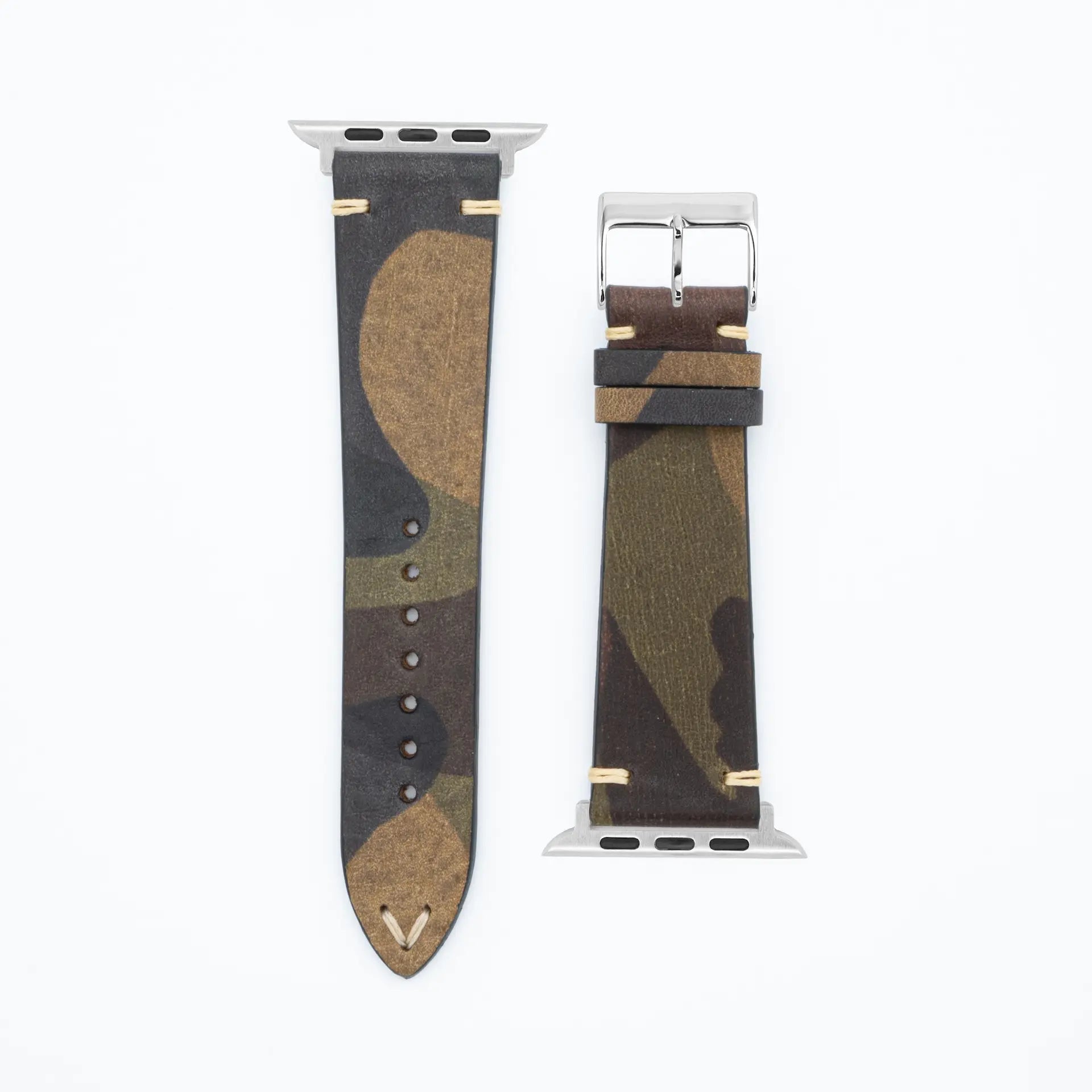 Camouflage - Classic - Groen lederen band-Apple Watch-38/40/41mm-roestvrij staal zilveren armband